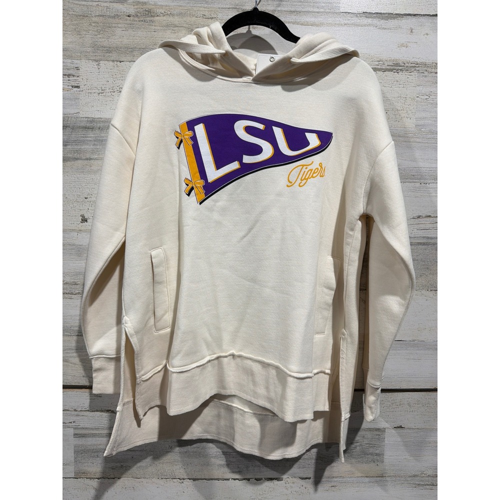 Pressbox LSU Tigers Hoodie Women Medium Cream Pennant Bows High-Low NWT